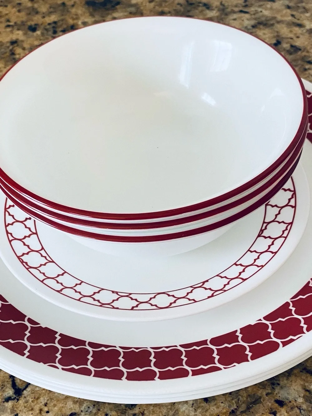 7- Pieces -Corelle Crimson Trellis RedAnd white Dinner Ware Made in the USA